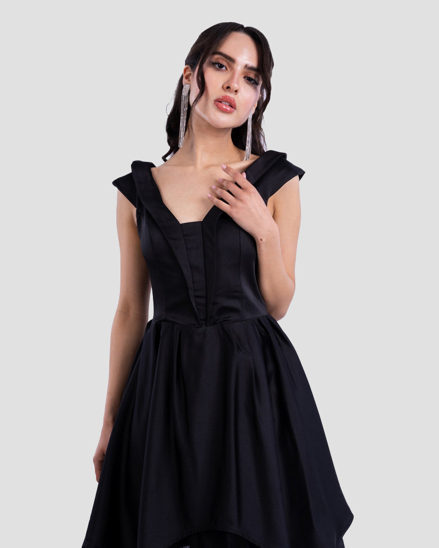 ASYMMETRICAL SATIN DRESS WITH TULLE