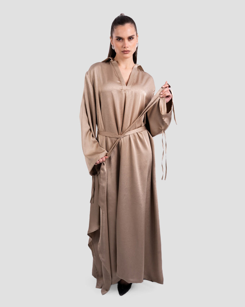 SATIN BELTED MAXI DRESS WITH WIDE SLEEVES