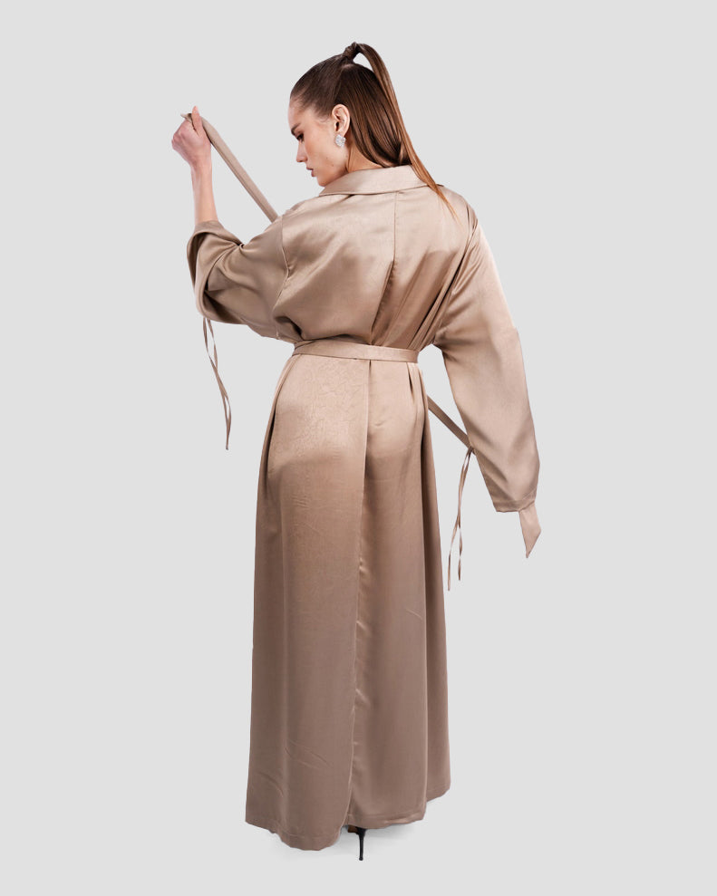 SATIN BELTED MAXI DRESS WITH WIDE SLEEVES