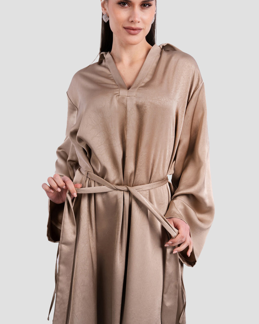 SATIN BELTED MAXI DRESS WITH WIDE SLEEVES