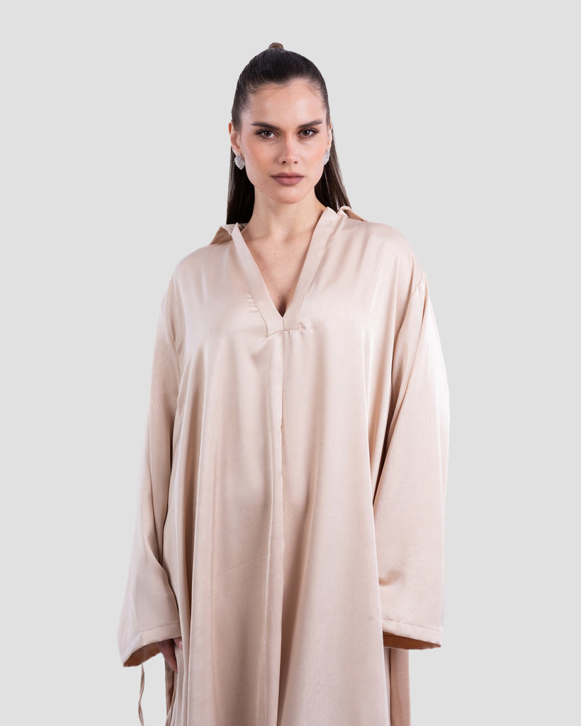 SATIN BELTED MAXI DRESS WITH WIDE SLEEVES
