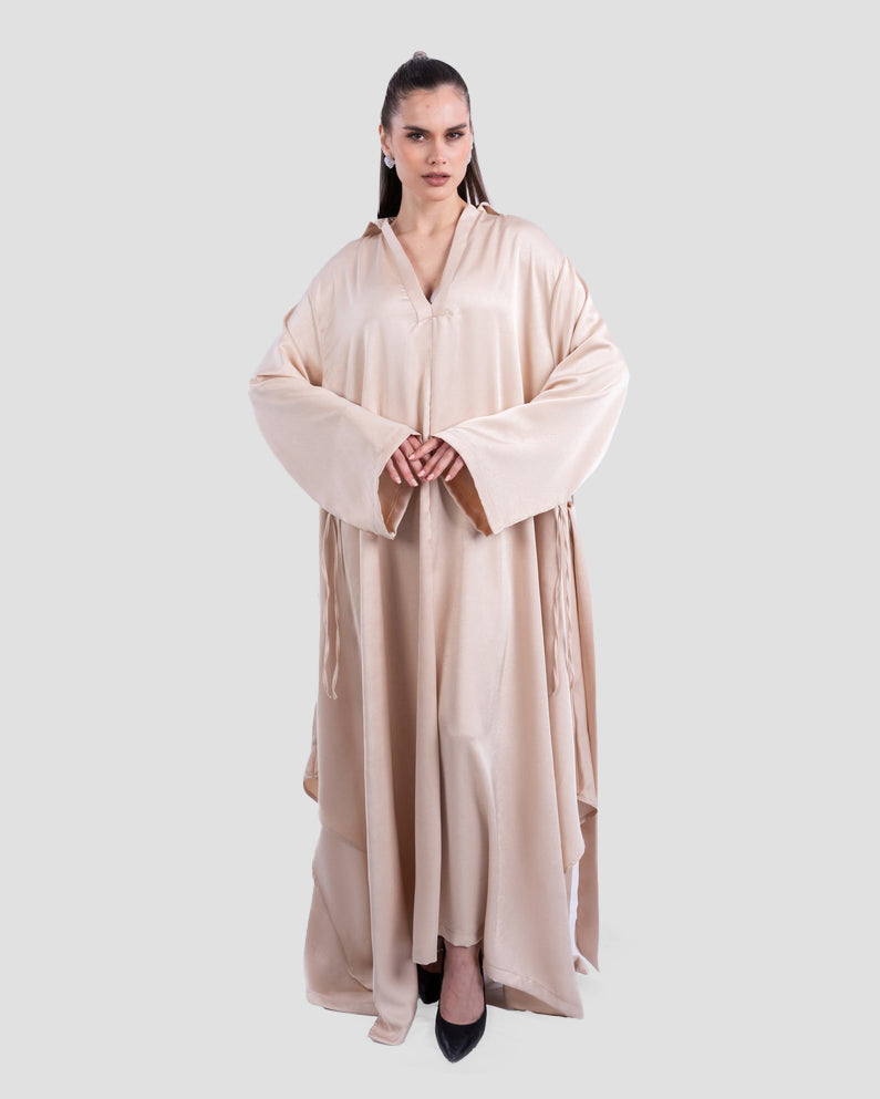 SATIN BELTED MAXI DRESS WITH WIDE SLEEVES