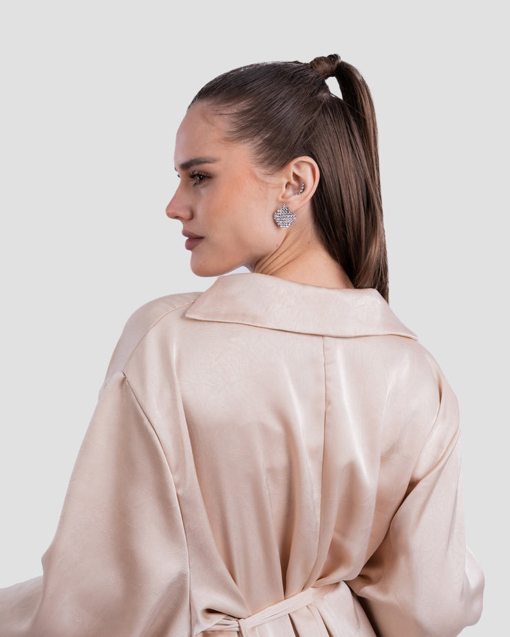 SATIN BELTED MAXI DRESS WITH WIDE SLEEVES