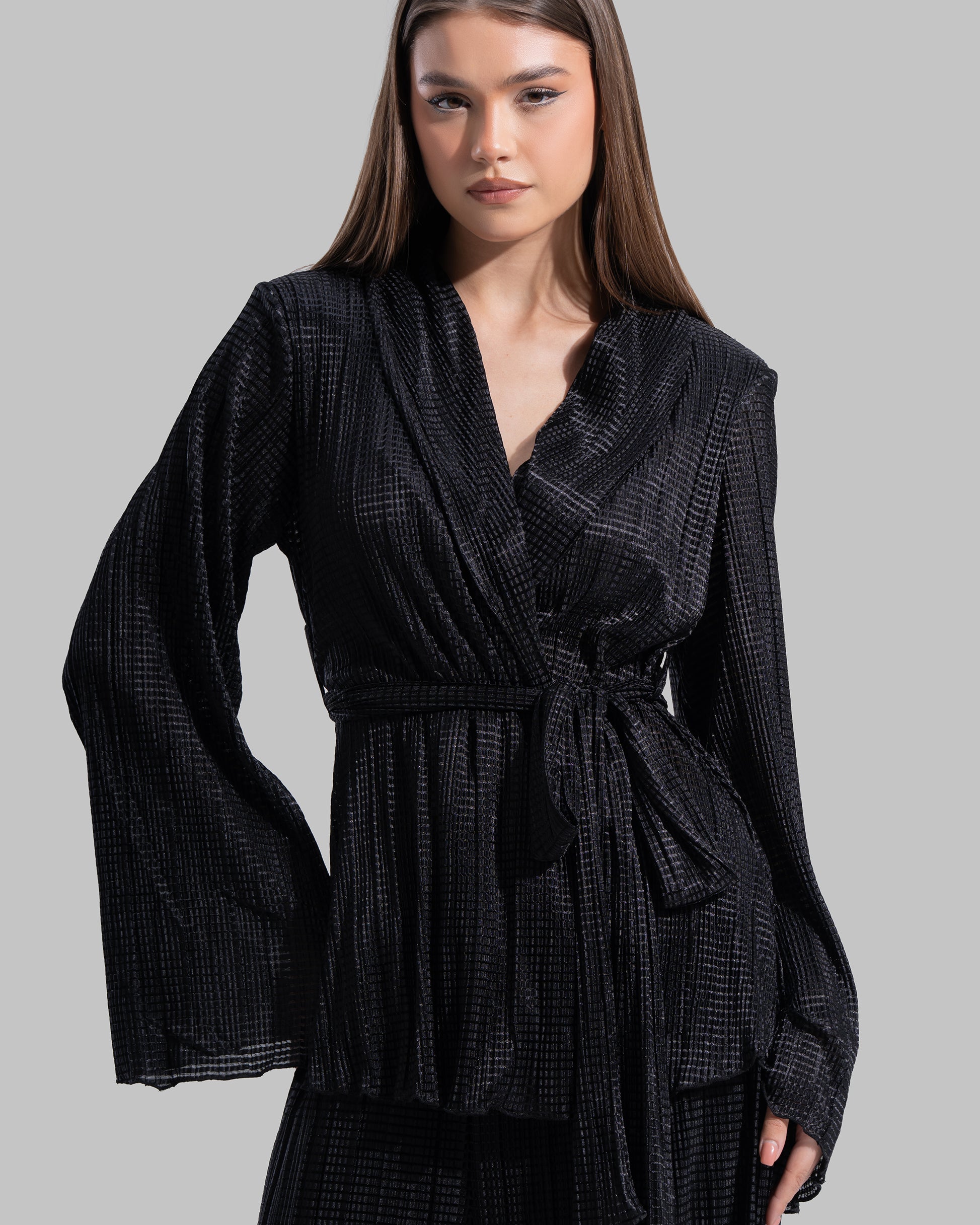 V-neck wrap Cardigan with long sleeves.