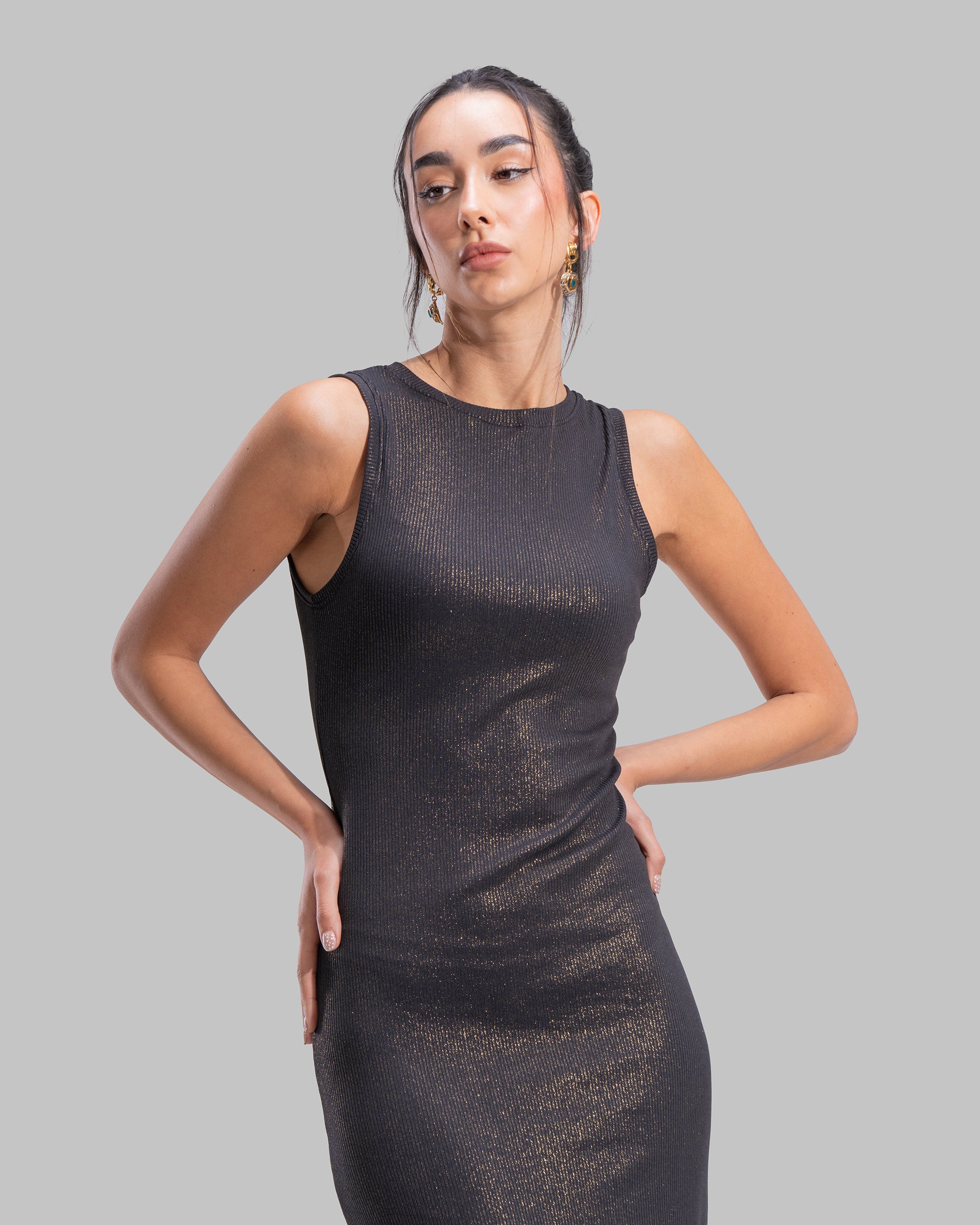 Sleeveless ribbed maxi dress with a round neckline and a tight-fit silhouette.