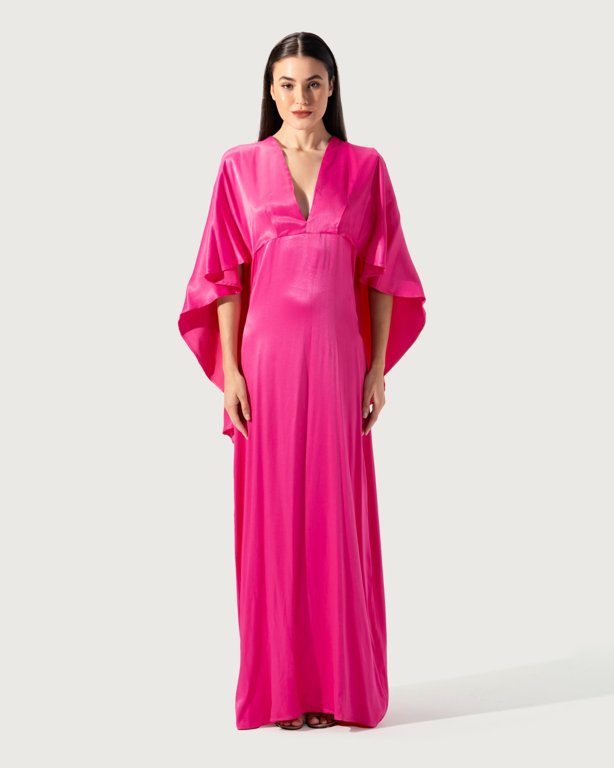 LONG DRESS V-NECKLINE DRAPED WITH CAPE SLEEVE