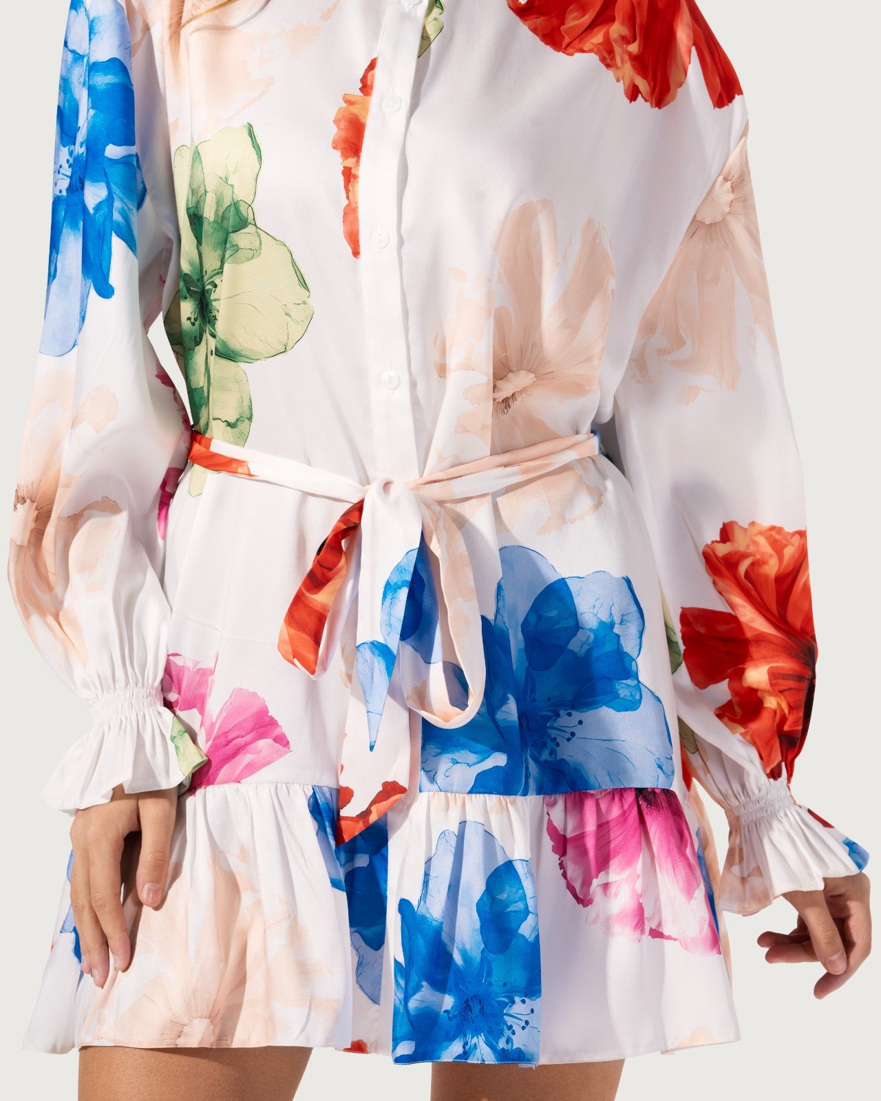 Shirt dress with a floral watercolor print.