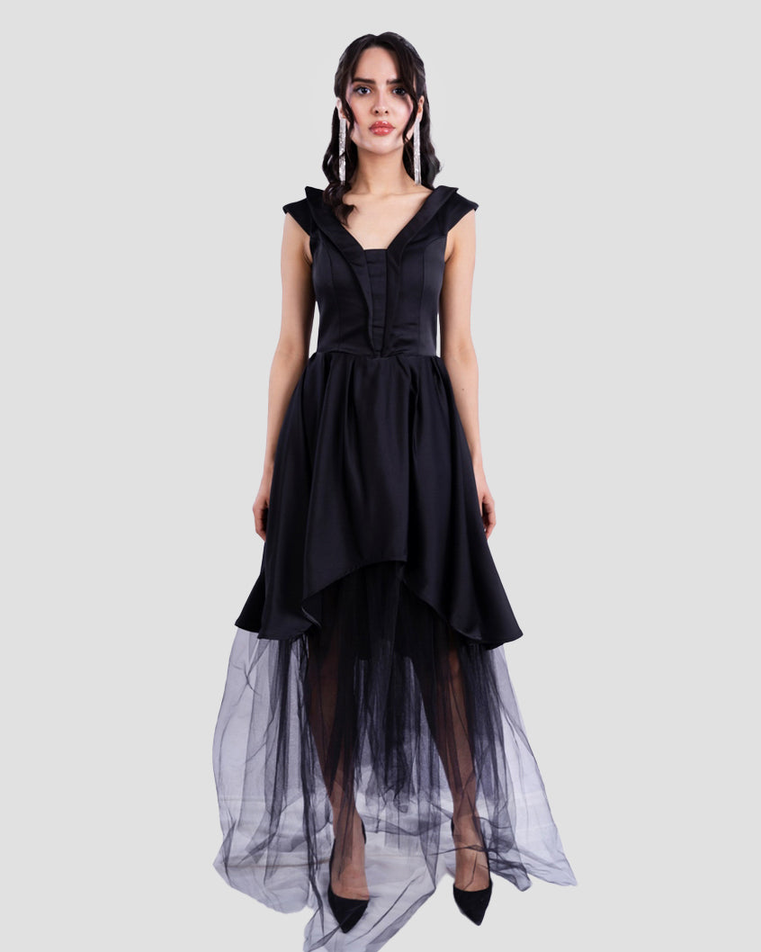 ASYMMETRICAL SATIN DRESS WITH TULLE