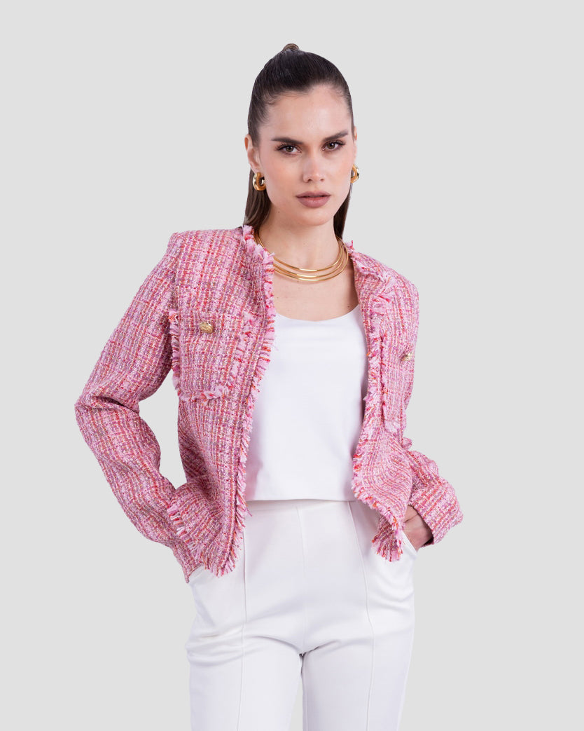 STRUCTURED TWEED JACKET WITH FRAYED TRIM