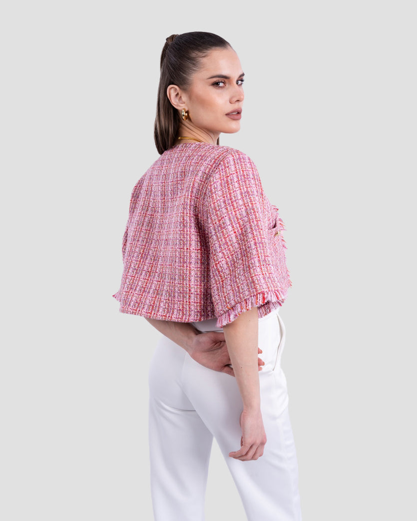 TEXTURED TWEED JACKET WITH FRAYED TRIM
