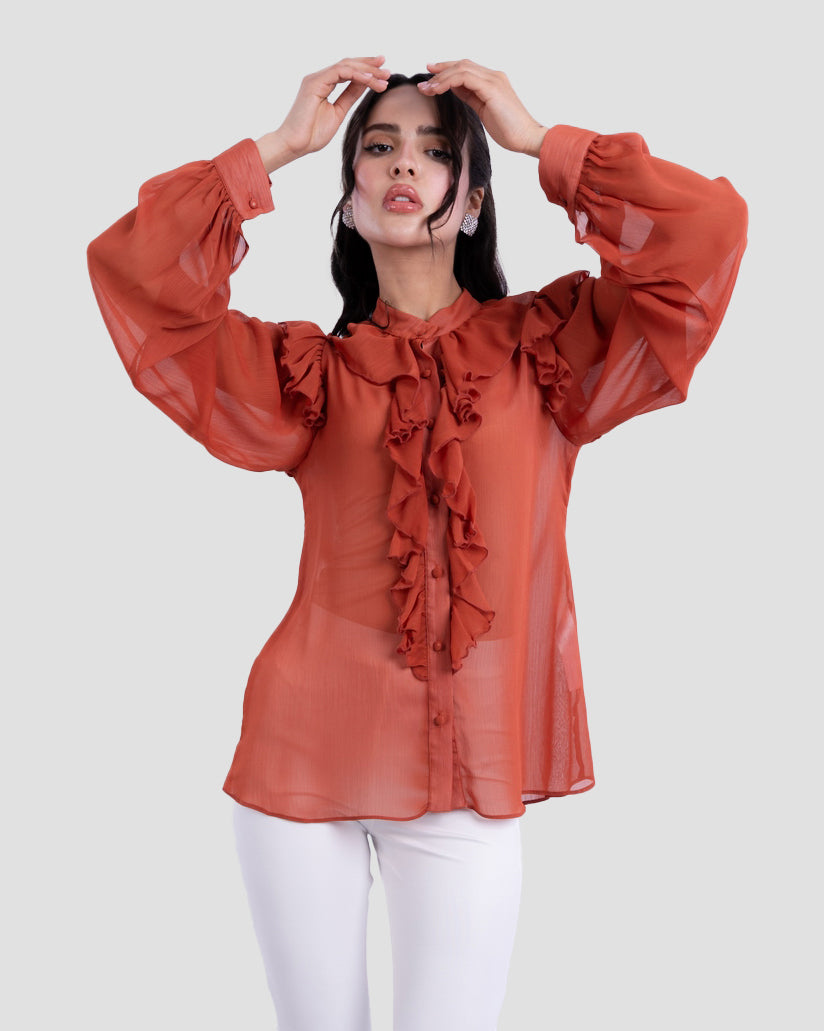 RUFFLED BLOUSE WITH HIGH NECK