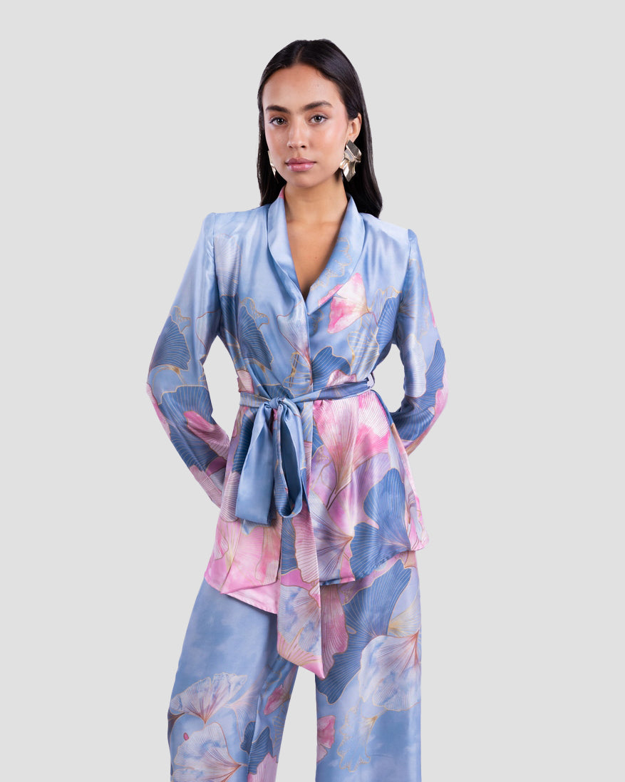 PRINTED SATIN EFFECT KIMONO BLAZER