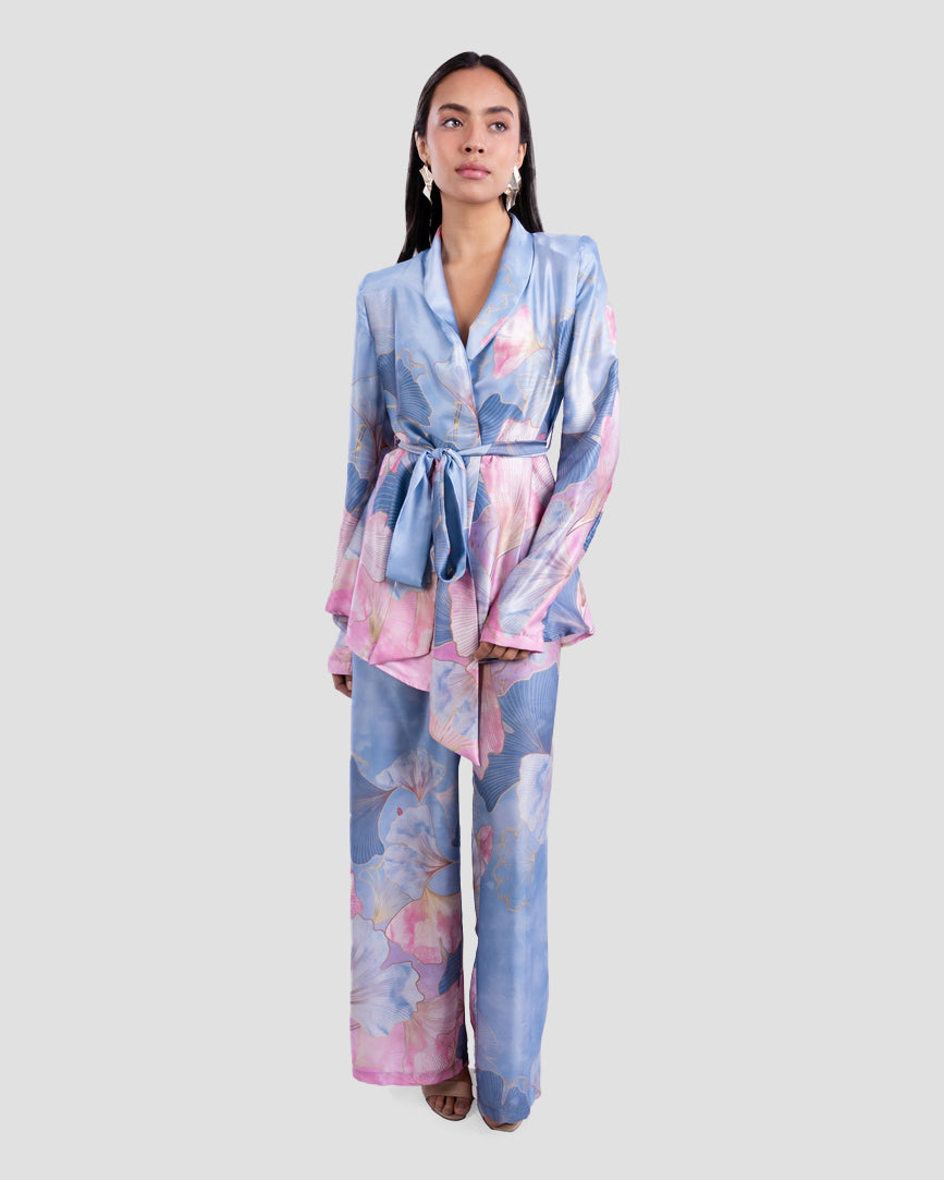 PRINTED SATIN EFFECT KIMONO BLAZER