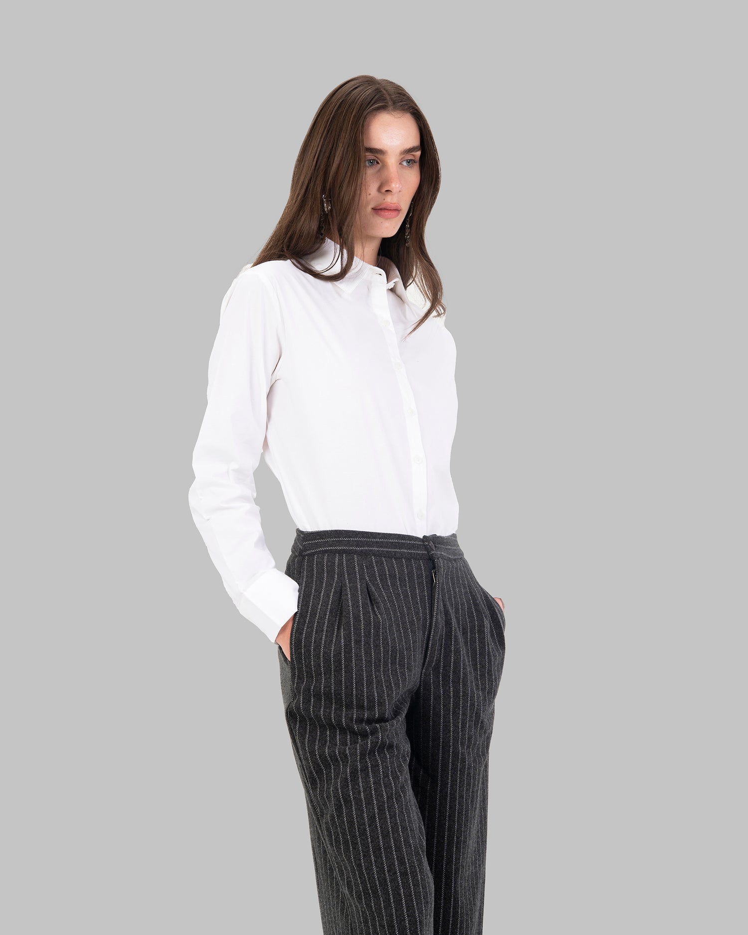 Oversize white collared shirt.