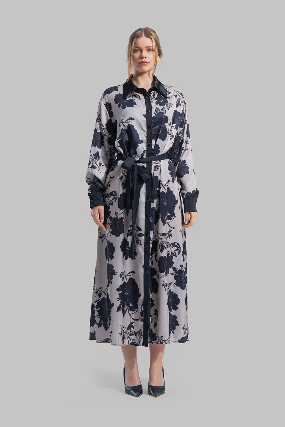 Printed Satin Shirt Dress