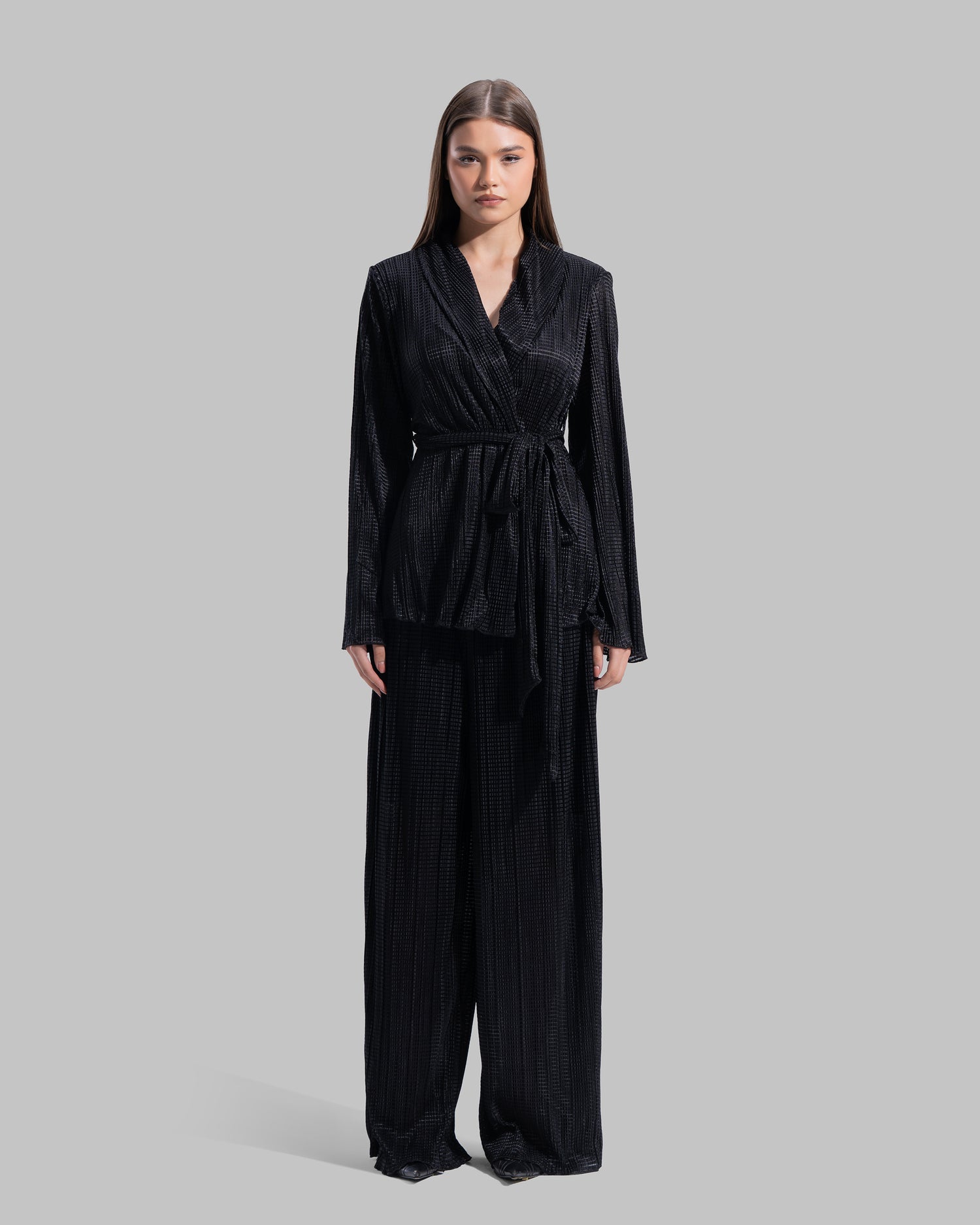 V-neck wrap Cardigan with long sleeves.