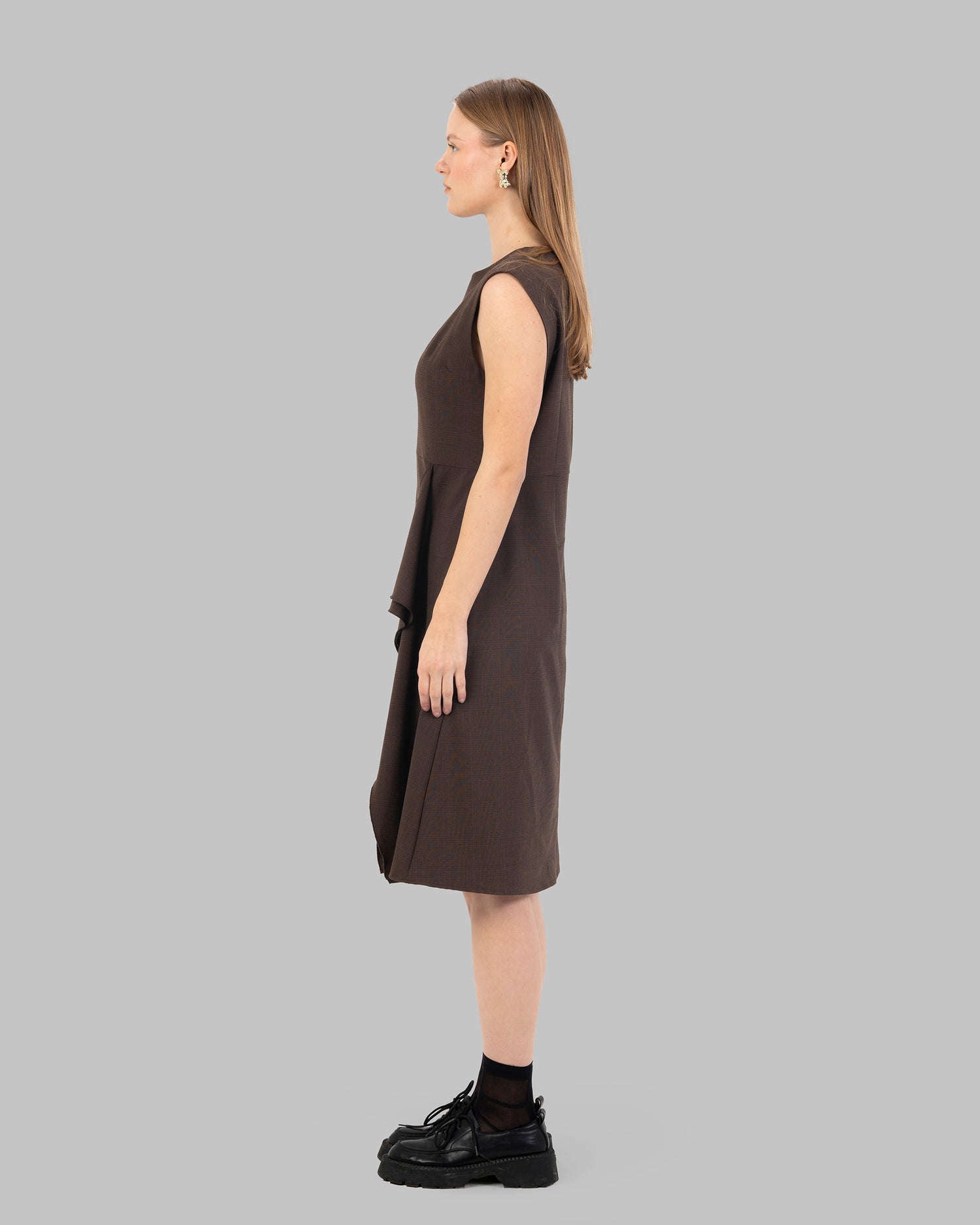 checked pattern Tailored Sleeveless Dress with Asymmetric Draped