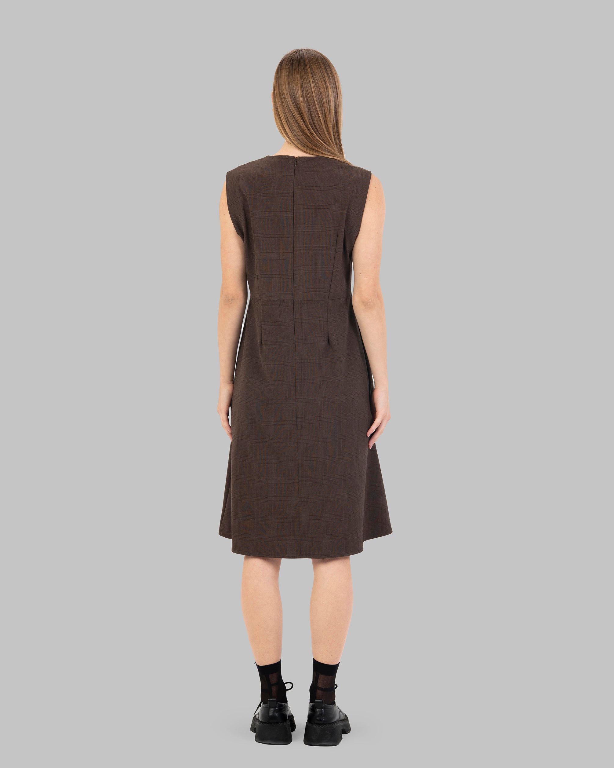 checked pattern Tailored Sleeveless Dress with Asymmetric Draped