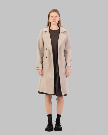 A classic light beige belted coat with a wide collar