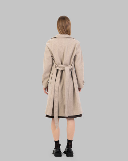 A classic light beige belted coat with a wide collar