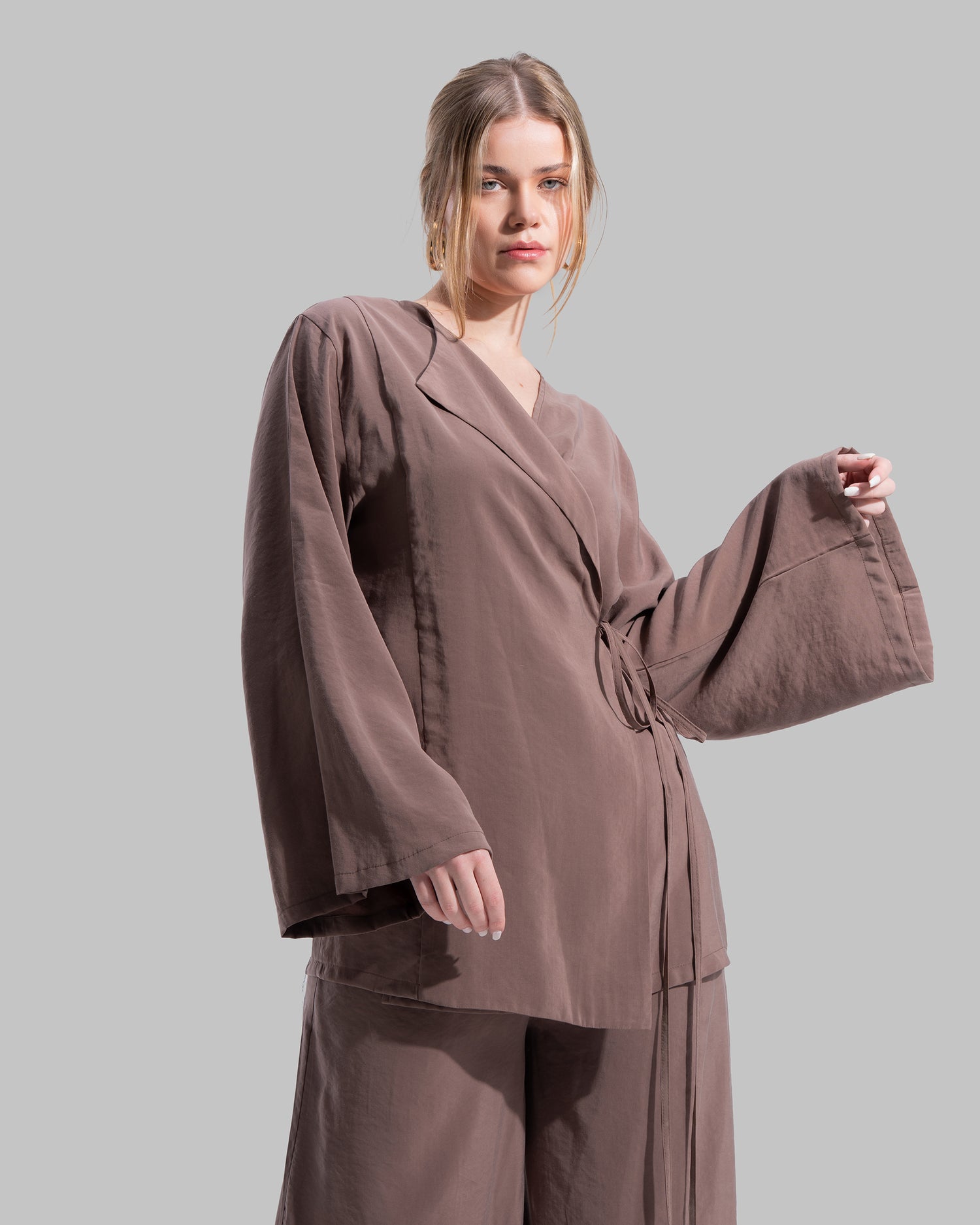 Oversized wrap-style cardigan with a lapel collar