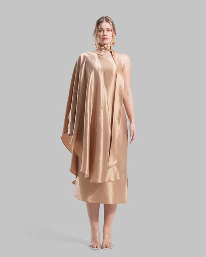 One-shoulder satin midi dress featuring a draped cape overlay and side slit