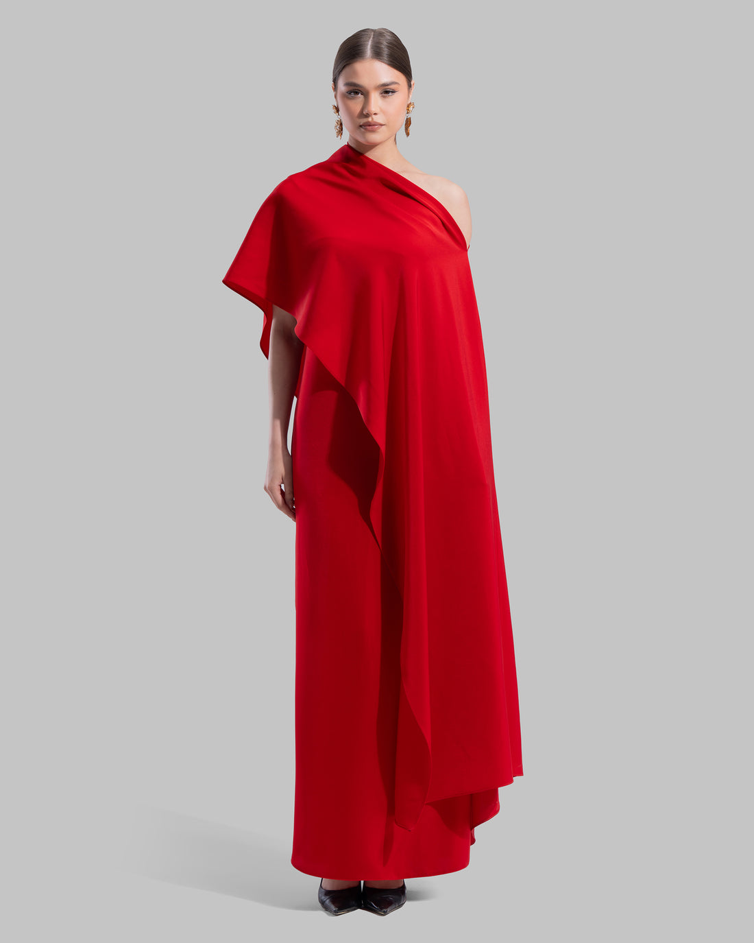 Draped asymmetrical neckline satin maxi dress with a fluid oversized silhouette.