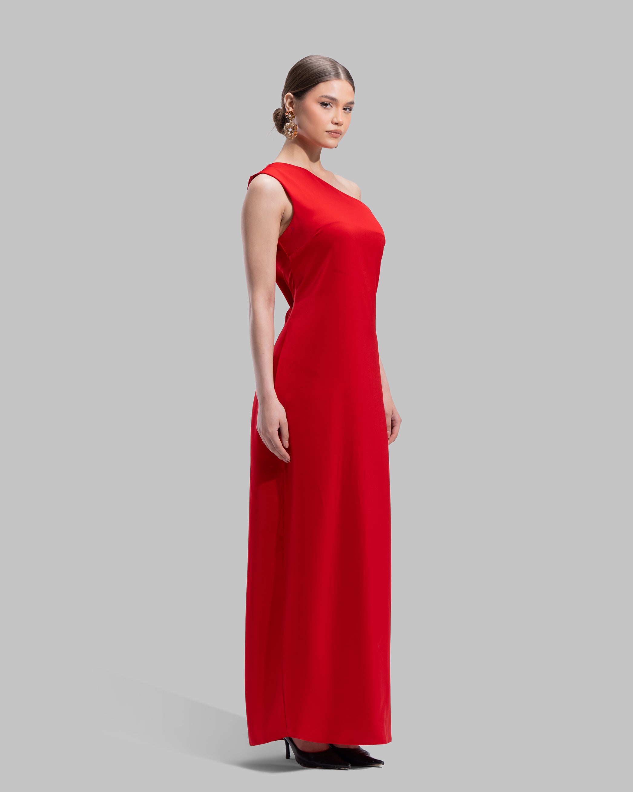 Draped asymmetrical neckline satin maxi dress with a fluid oversized silhouette.