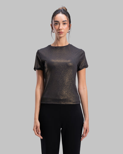 Short sleeve ribbed top with a shimmering metallic finish and round neck.