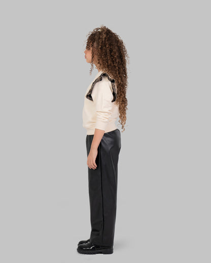 Leather straight Trousers with Elastic Waistband.