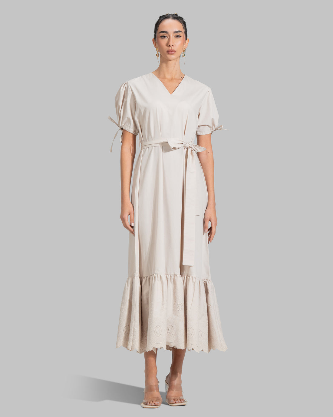 V-NECK MIDI DRESS WITH BELT DESIGNED