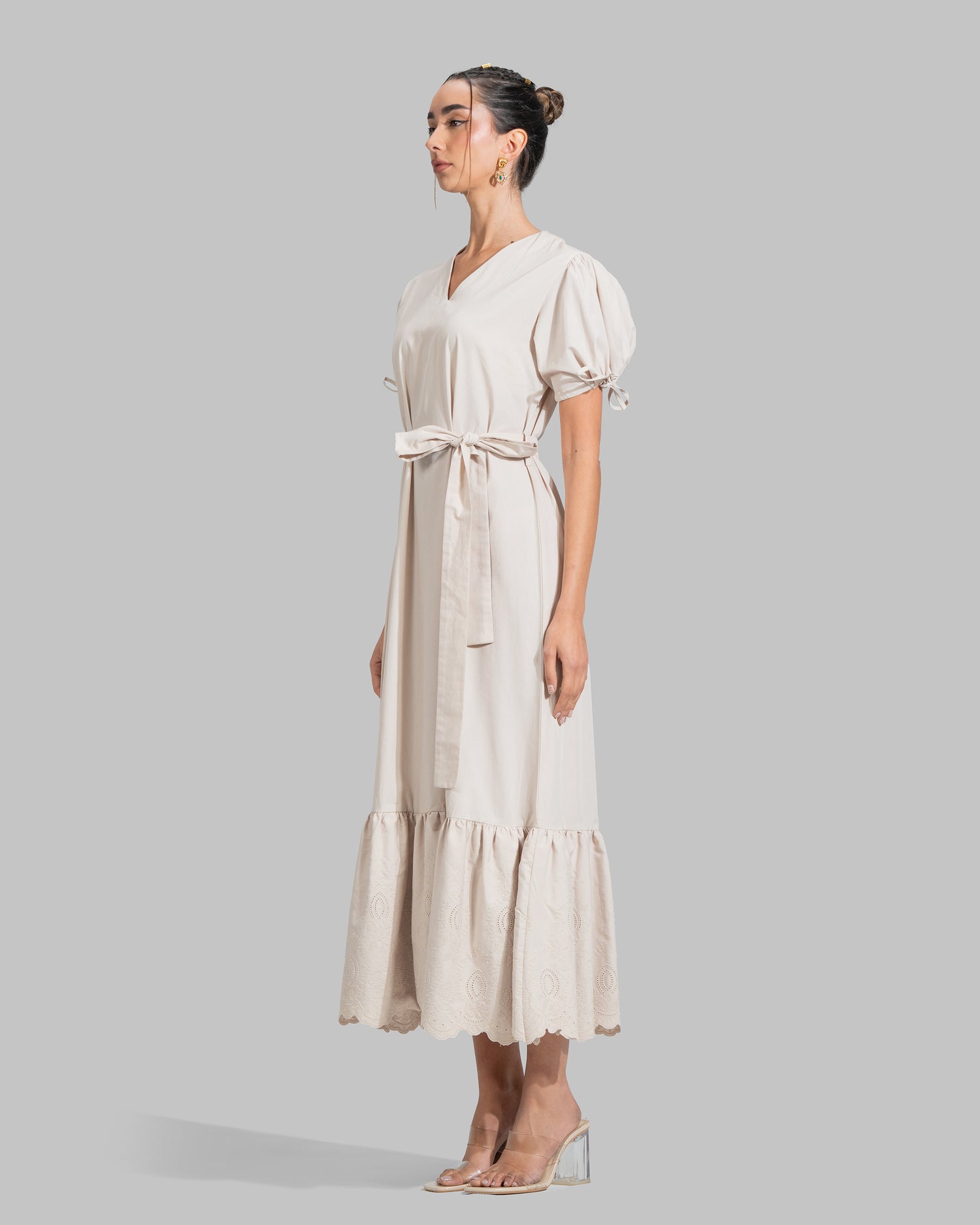 V-NECK MIDI DRESS WITH BELT DESIGNED