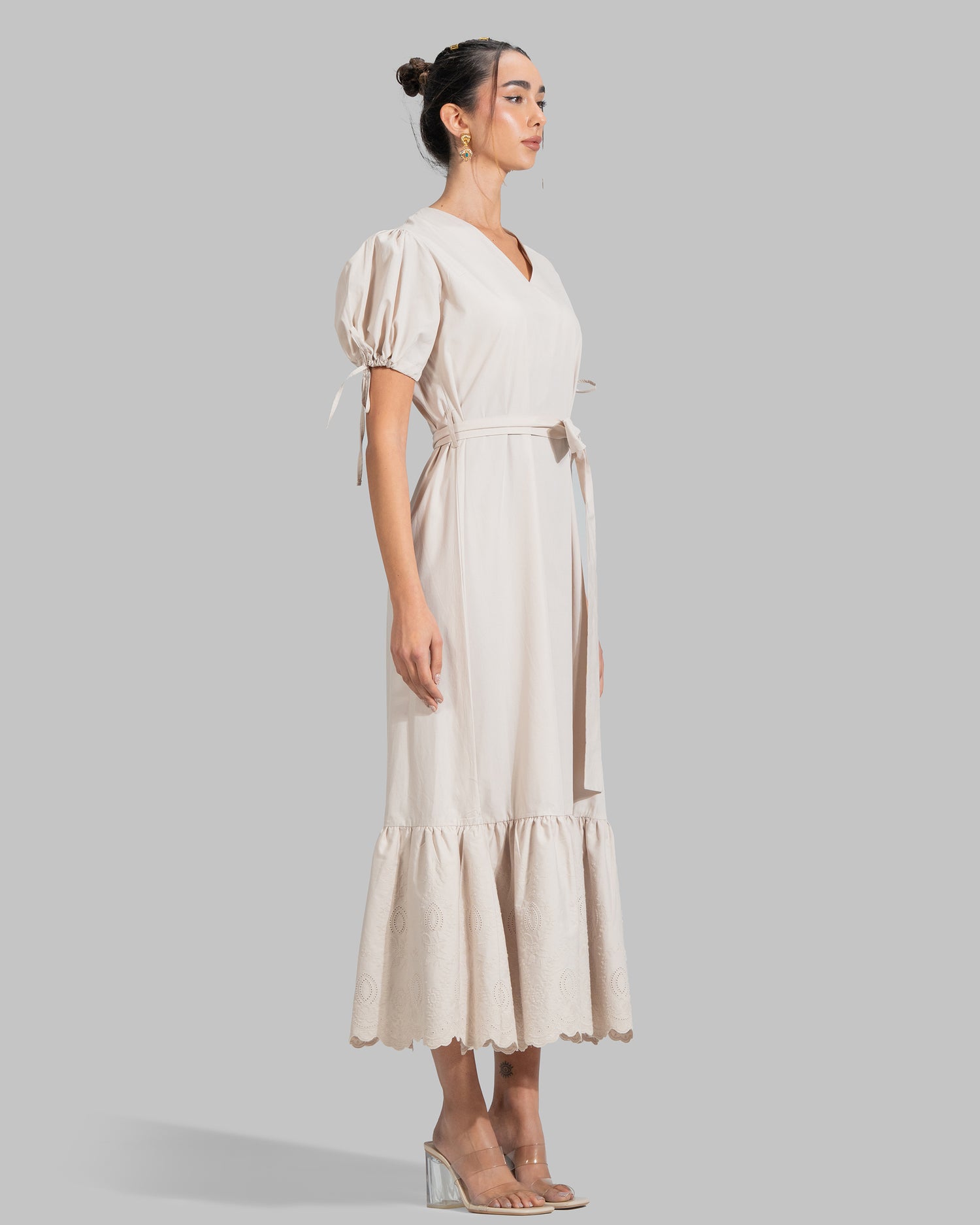 V-NECK MIDI DRESS WITH BELT DESIGNED