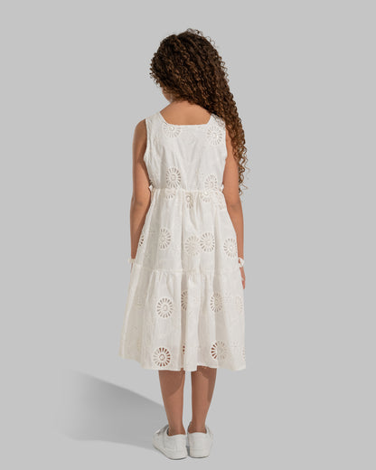 White eyelet midi dress with delicate bow details