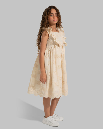 Embroidered sleeveless dress with a square neckline and ruffle details on the straps