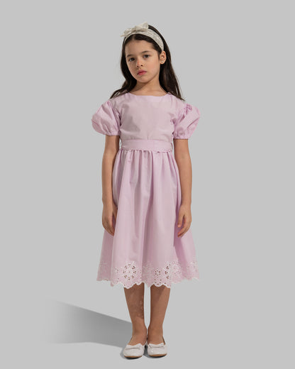 Striped puff-sleeve dress with a matching tie belt.