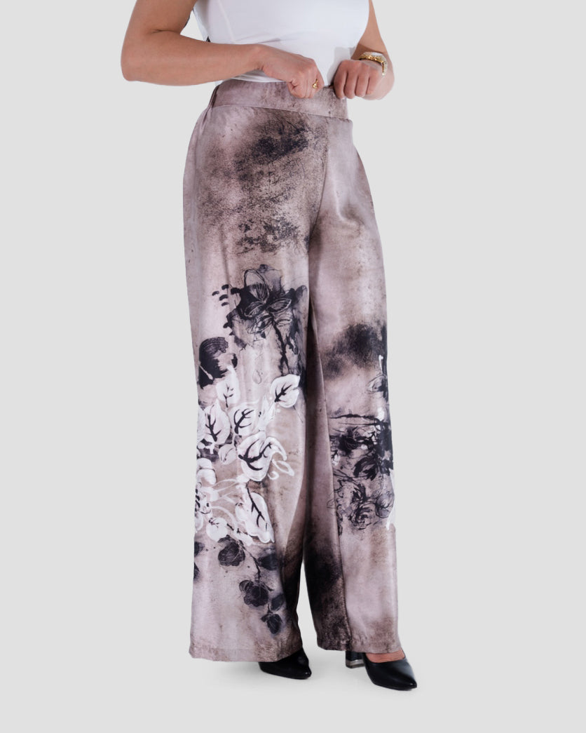 SATIN FLORAL WIDE-LEG PANTS