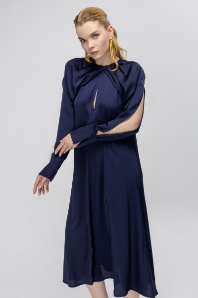 PLEATED BOAT NECK DRESS