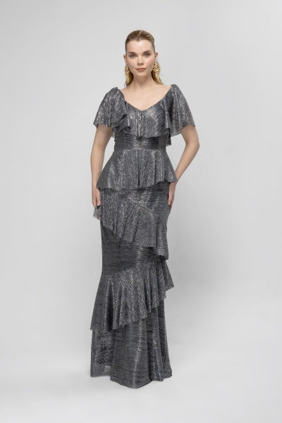 PLEATED RUFFLED MAXI DRESS