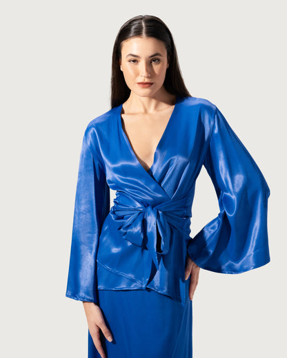 SATIN SOLID COLOR V-NECK TIE UP LONG SLEEVE